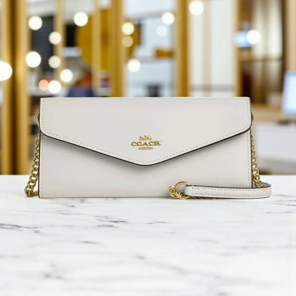 COACH CB122 Chalk Colored Klare Calfskin Long Leather Wallet With Gold Chain NWT - Picture 1 of 15